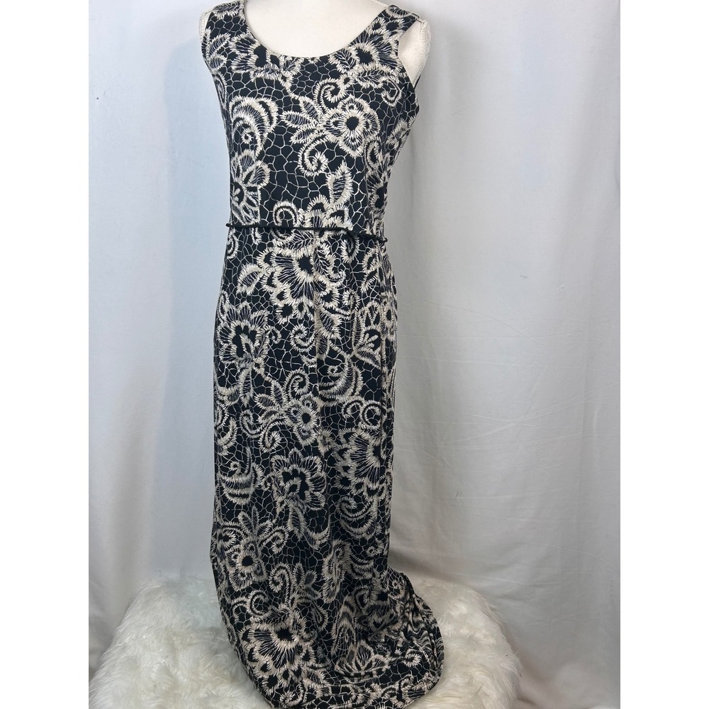 Nina Leonard Black White Floral Lace Print Popover Sleeveless Maxi Dress  Small